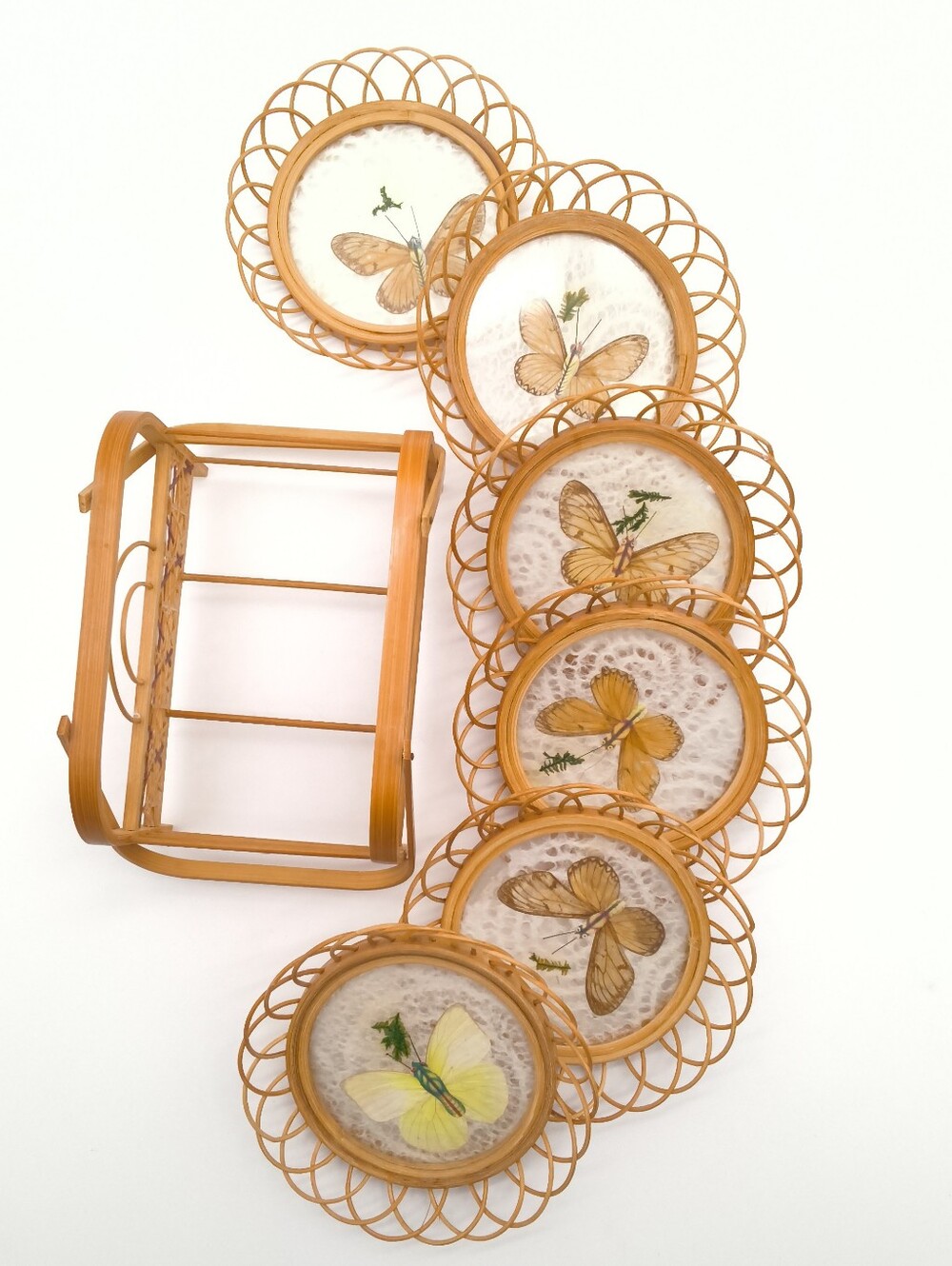1970s Bamboo Rattan Butterfly Coaster Set with Caddy - Mid Century Boho
